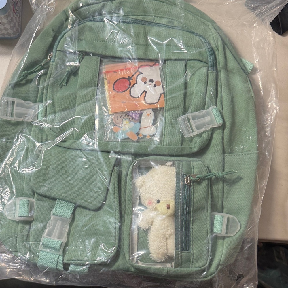 Charming Green Kids Backpack with Plush Bear